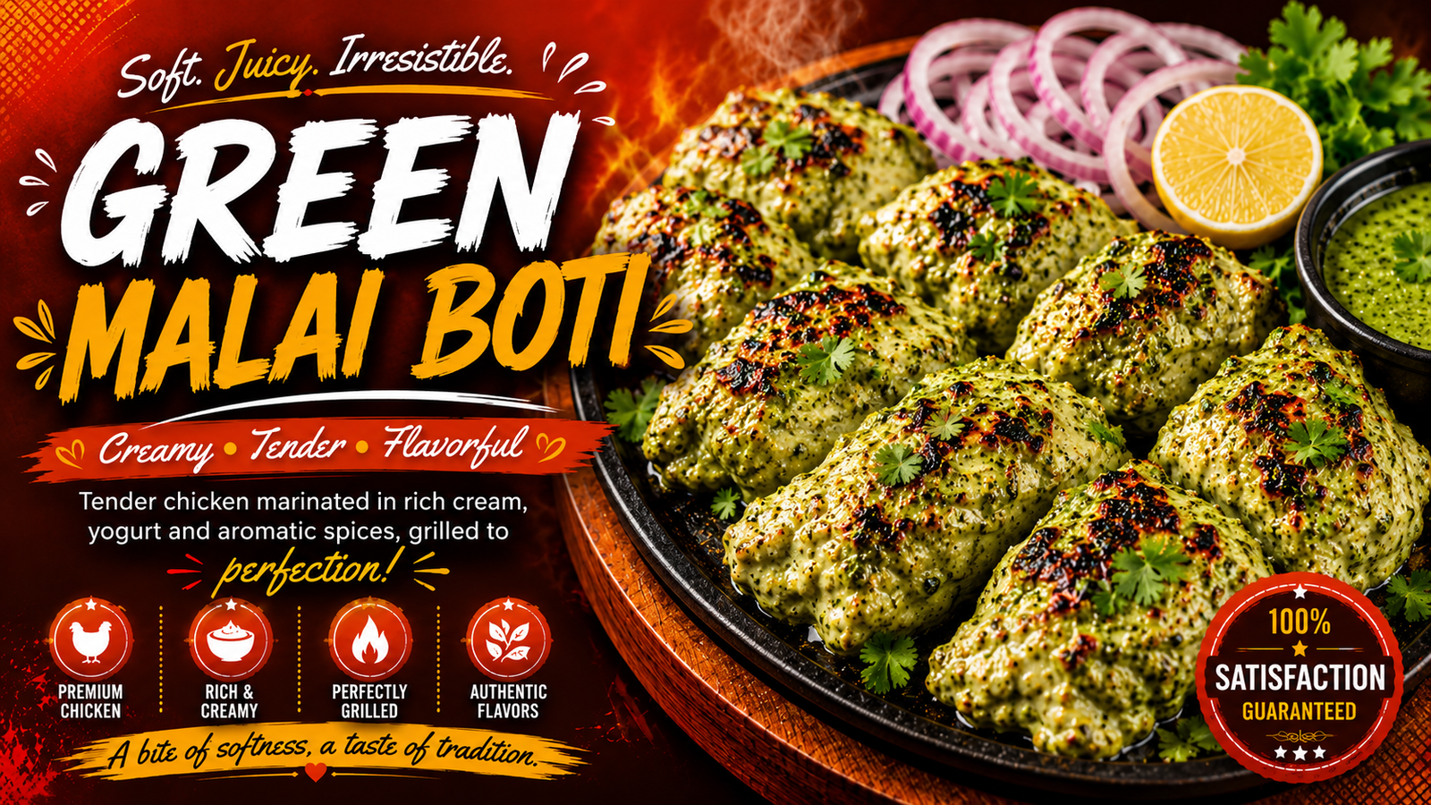 Smoky grilled Green Malai Boti chicken skewers, coated in a creamy herb and mint marinade, served fresh on a platter.