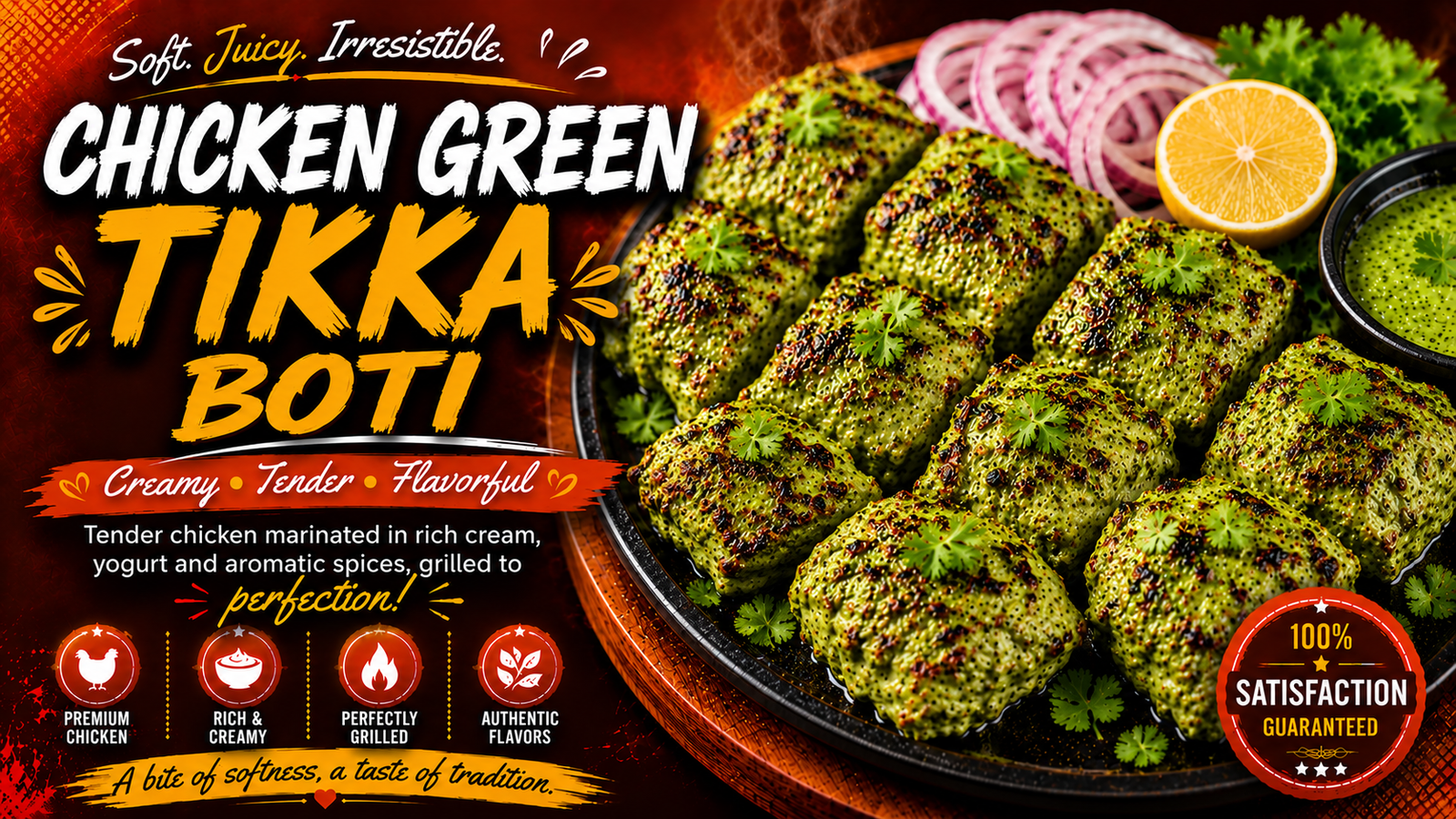 Grilled Chicken Green Tikka Boti skewers, coated in a vibrant mint and coriander marinade, featuring charred edges and served fresh.