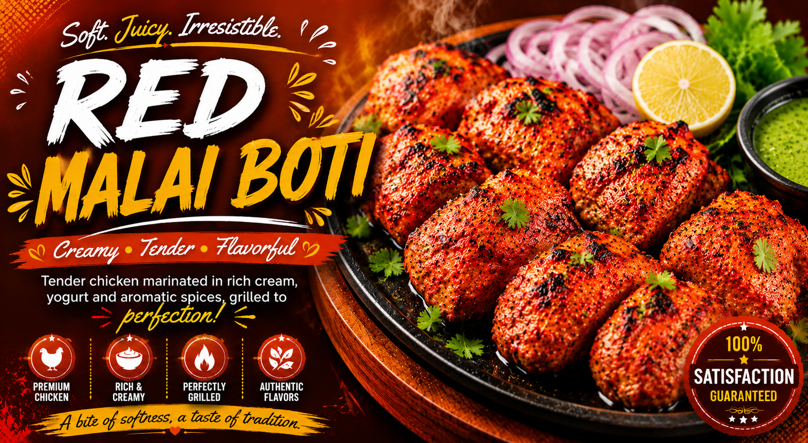 Tender grilled Red Malai Boti chicken skewers, featuring a creamy, spice-infused red marinade, served fresh on a platter.