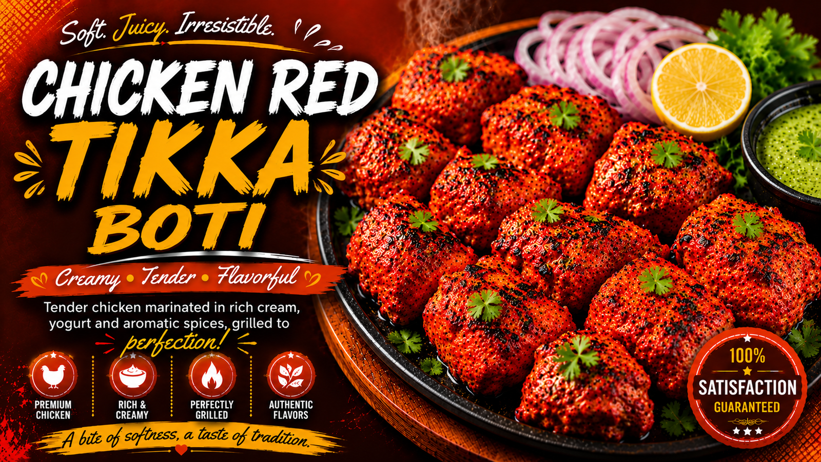 Skewers of juicy Chicken Red Tikka Boti, coated in a rich tandoori marinade and grilled with authentic charred edges, served on a platter.