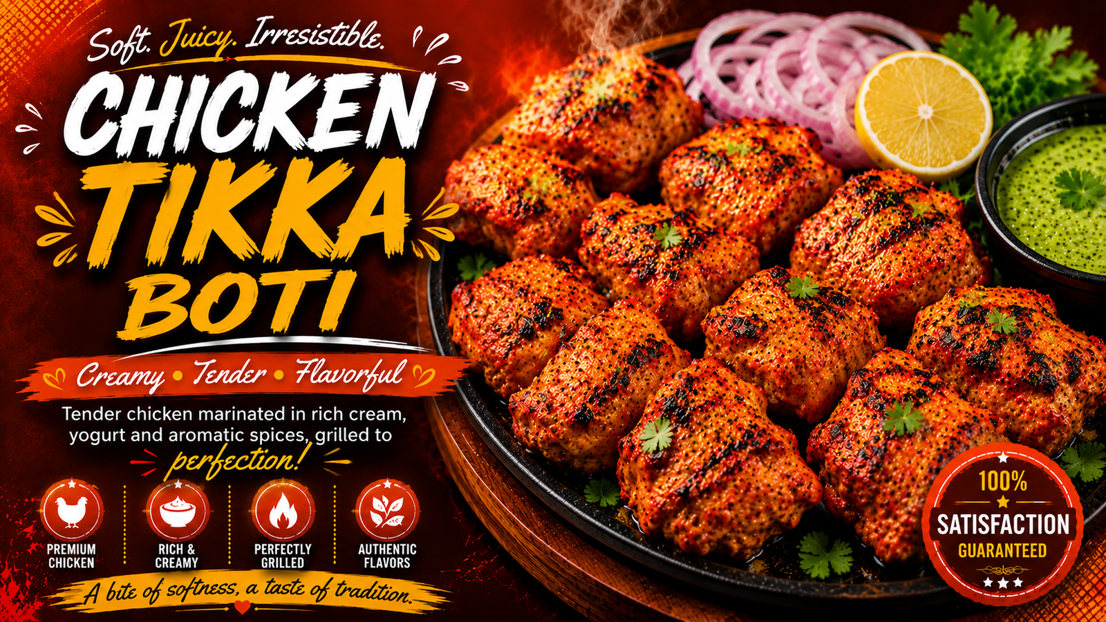 Spicy grilled Chicken Tikka Boti skewers with charred edges, seasoned in a traditional tandoori marinade, served with fresh onions and lemon.