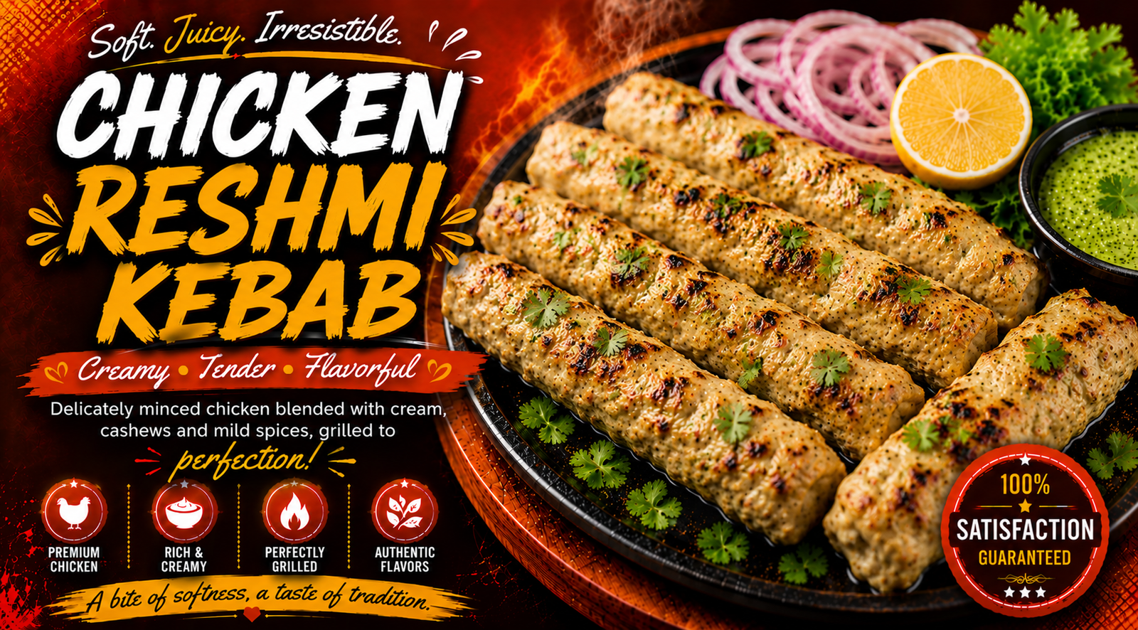 Soft and silky grilled Chicken Reshmi Kabab skewers, showing a delicate golden-brown exterior, garnished with fresh herbs and lemon.