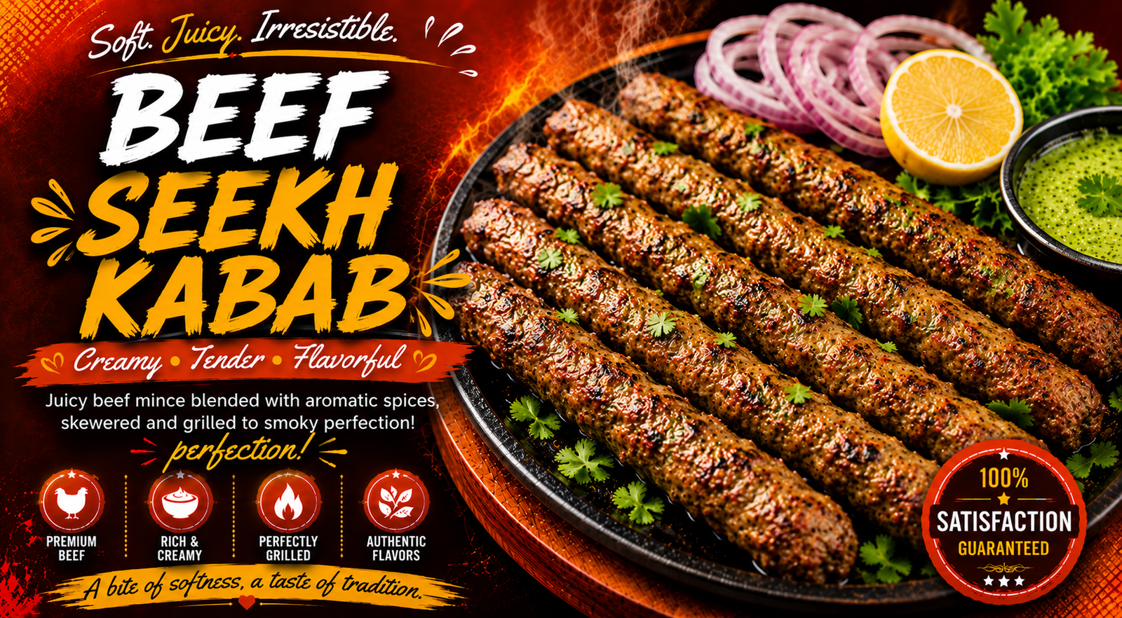 Sizzling, dark-brown grilled Beef Seekh Kabab skewers, showing a charred texture and served with fresh onion rings and lime.