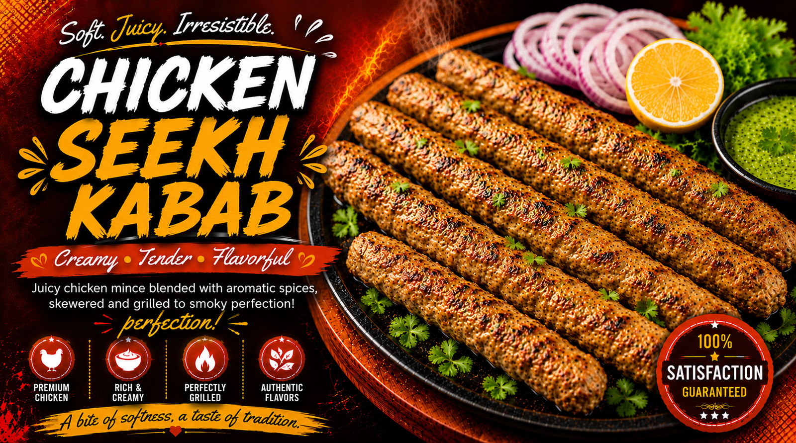 Golden-brown grilled Chicken Seekh Kabab skewers seasoned with fresh herbs and spices, served on a platter with lemon slices and mint chutney.